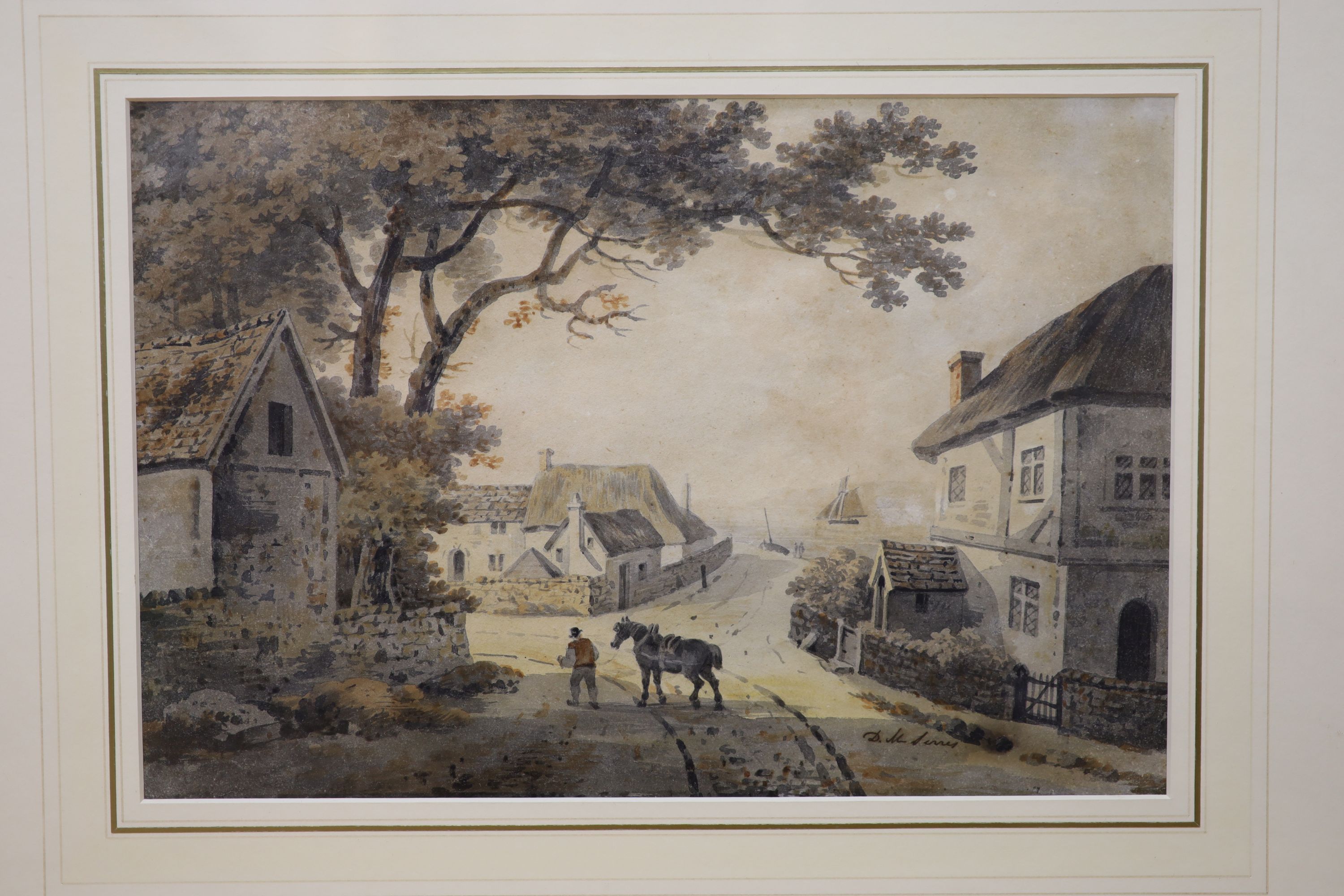 Dominic M. Serres (fl.1778-1804), watercolour, Horseman in a coastal village, signed, 24 x 35cm